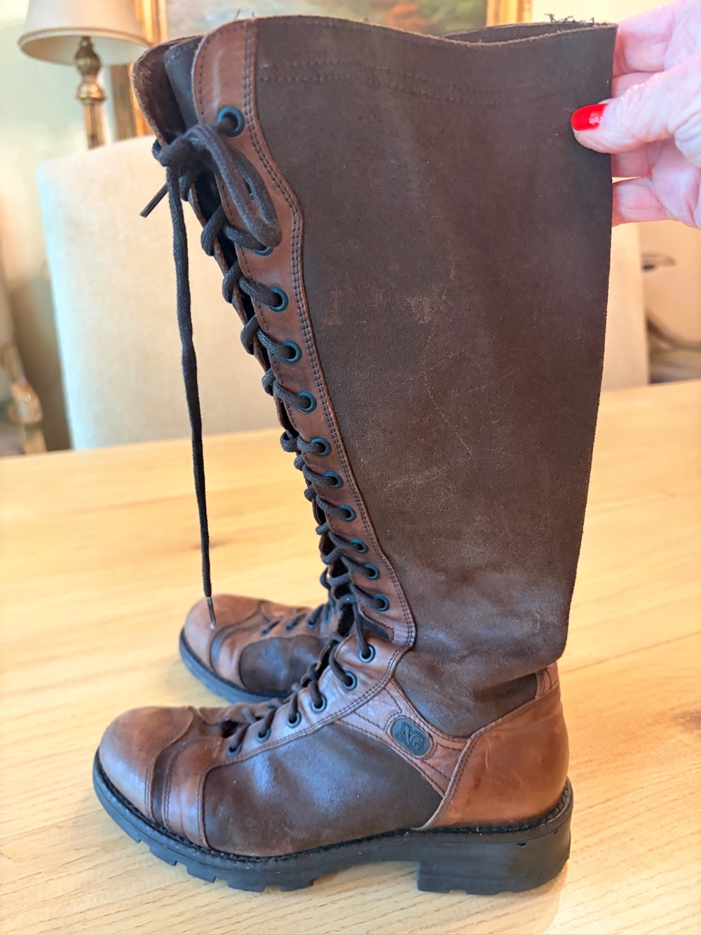 Nero Giardini Brown Leather & Suede Lace-Up Knee-High Boots, with side zipper